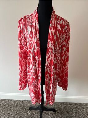 Chico's red and white Ikat print open front cardigan made of 100% linen